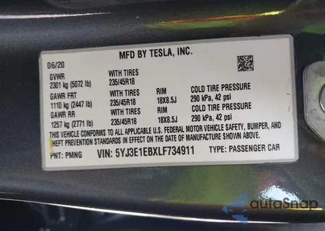2020 Tesla Model 3 Long Range Dual Motor All-Wheel Drive from USA, damaged, VIN 5YJ3E1EBXLF734911